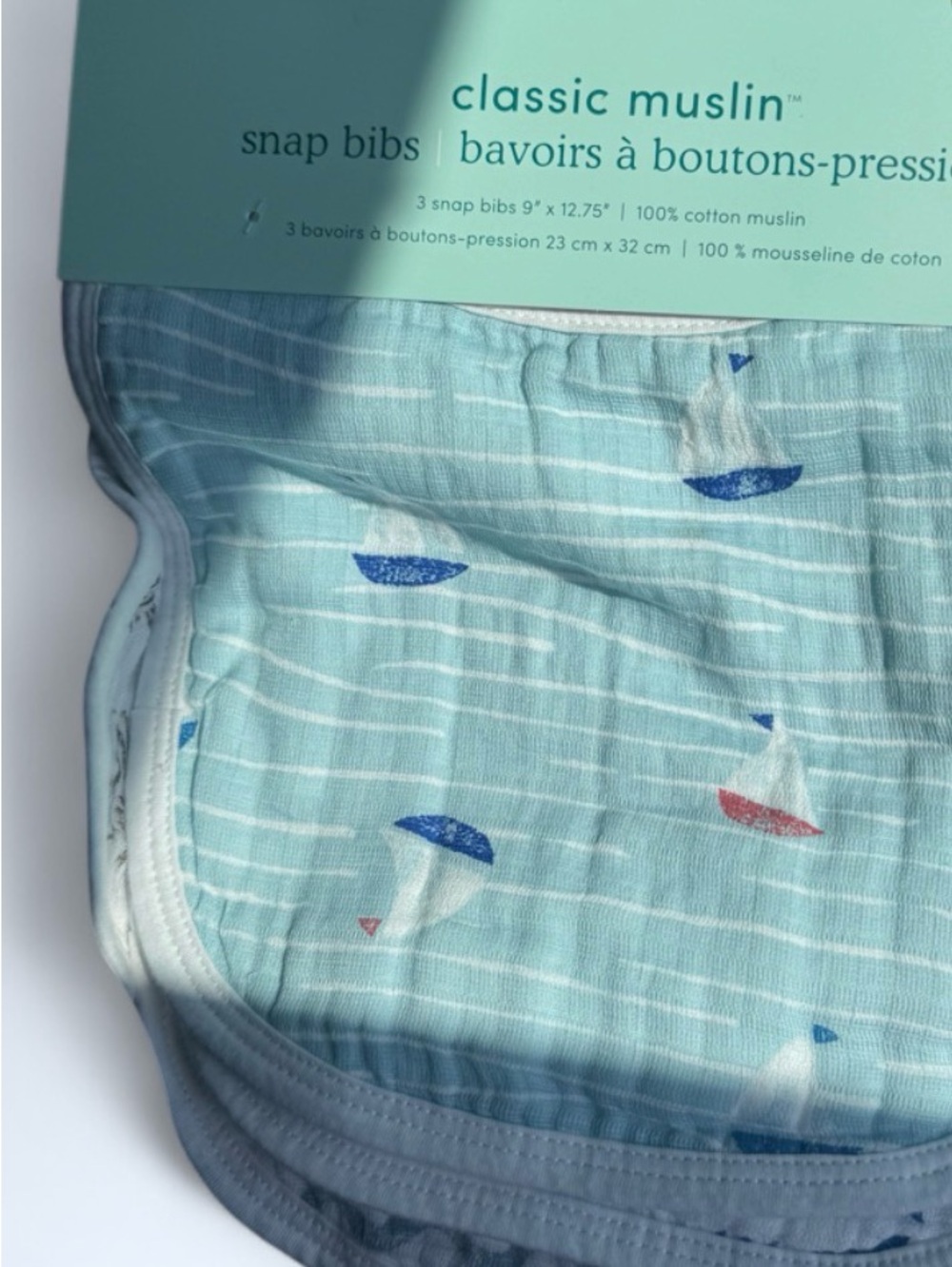 aden + anais Light Aqua Muslin Snap Bibs with Navy and Red Sailboats